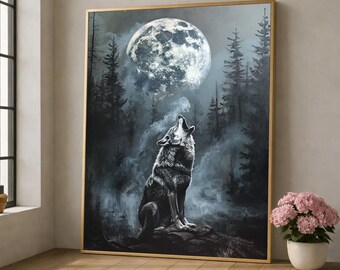 Lone Wolf Howling at Full Moon Canvas, Mystical Forest Night Wall Art, Wildlife Nature Canvas Decoration, Rustic Home Accent