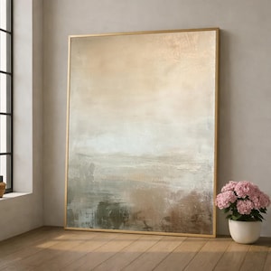 Quadro su tela dai toni neutri e rilassanti, dipinto astratto di paesaggio, beige e grigio terrosi, arredamento moderno per la casa, design rilassante per le pareti.