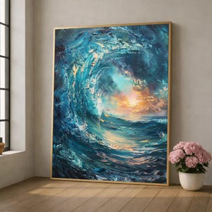Può includere: Un'opera d'arte murale rettangolare che presenta un dipinto a olio di una grande onda oceanica che si infrange in tonalità di blu profondo, turchese e bianco. Il centro dell'onda rivela un tramonto luminoso con calde tonalità arancioni e gialle.