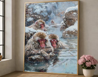 Snow Monkeys Relaxing Hot Spring, Winter Wildlife Canvas, Japanese Macaque Wall Art, Nature Animal Scene Canvas, Cozy Forest Decoration