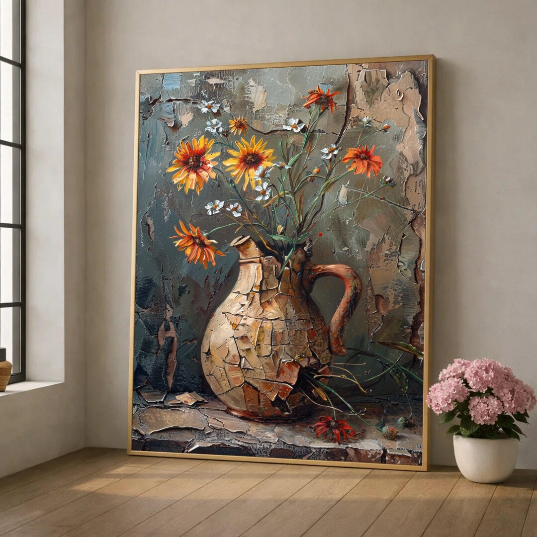 Rustic Vase With Wildflowers Canvas, Vintage Floral Bouquet Wall Rustic Vase With Wildflowers Canvas, Vintage Floral Bouquet Wall