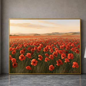 May include: A rectangular landscape painting featuring a vast field of vibrant red poppies under a soft, pale yellow and orange sunset sky. The horizon shows rolling hills in the distance, while the foreground is filled with detailed red flowers.