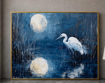 Moonlit Marsh Scene, White Heron Canvas, Night Water Reflection Wall Art, Blue Nature Landscape Canvas, Elegant Wildlife Decoration