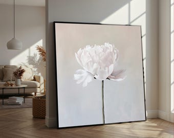 Elegant White Peony Canvas Wall Art, Minimalist Floral Painting, Soft Pastel Flower Canvas, Home Decor Art Print, Botanical Wall Decoration