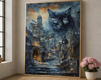 Mysterious Cat Over Ancient City Canvas, Fantasy Wall Art, Dark Gothic Landscape, Mythical Architecture Canvas, Dramatic Home Decor