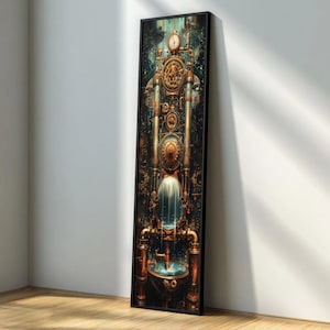 Steampunk Water Machine Canvas, Industrial Gear Wall Art, Vintage Mechanical Design, Copper Pipe Decor, Sci-Fi Home Decoration