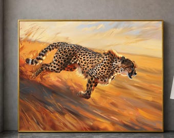 Running Cheetah Canvas Wall Art, Wildlife Speed Digital Painting, African Animal Canvas, Nature Home Decoration, Dynamic Safari Artwork
