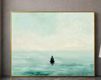 Tranquil Meditation Silhouette Canvas, Minimalist Ocean Scene, Calm Sea Wall Art, Soothing Blue Green Canvas, Serene Home Decoration