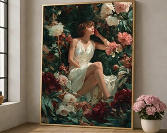 Elegant Woman White Dress Surrounded by Peonies, Floral Portrait Canvas, Romantic Garden Wall Art, Fine Art Canvas Decoration