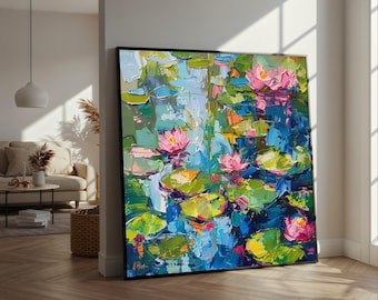 Vibrant Water Lily Pond Canvas, Floral Nature Scene, Colorful Garden Wall Art, Pink Lotus Flowers, Green Lily Pads Decoration