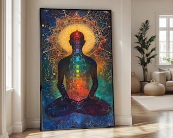 Meditative Chakra Alignment Canvas, Spiritual Yoga Wall Art, Human Silhouette with Chakras, Enlightenment and Energy Flow Canvas, Home Decor