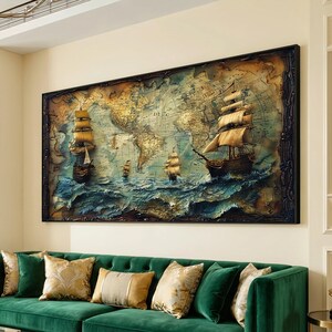 Vintage nautische kaart op canvas, wanddecoratie met zeilschepen, canvas met oceaan golven, antieke ontdekkingsreizen decoratie, maritiem canvas voor thuis