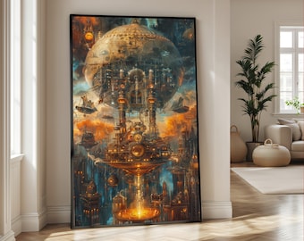 May include: A rectangular wall art print featuring a complex, vertical steampunk-inspired city with a large central golden dome, intricate mechanical structures, glowing orange light sources, and deep blue atmospheric clouds in a dark frame.