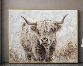 Highland Cow Canvas Wall Art, Rustic Animal Portrait, Farmhouse Decor Canvas, Nature Wildlife Painting, Neutral Tones Wall Decoration
