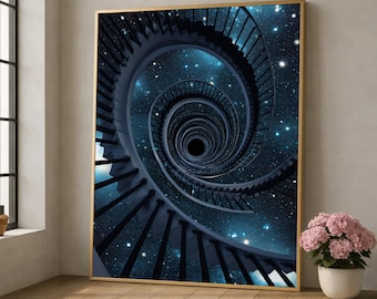 Può includere: Una stampa artistica da parete rettangolare che raffigura una scala a chiocciola blu scuro che scende verso un centro nero profondo, su uno sfondo di cielo notturno stellato con numerosi punti di luce bianchi, incorniciata da un bordo dorato.