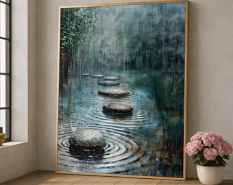 Rainy Zen Garden Path Canvas, Tranquil Stone Stepping Water Art, Nature Reflection Wall Art, Serene Home Decor Canvas