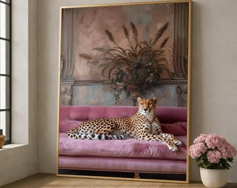 Elegant Cheetah on Velvet Sofa Canvas, Wildlife Art Print, Exotic Animal Wall Decor, Modern Home Decoration, Living Room Canvas