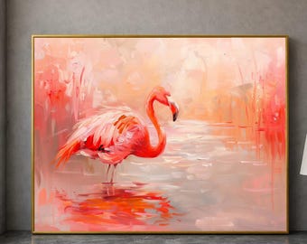 Vibrant Flamingo Water Canvas, Pink Bird Art, Tropical Wildlife Wall Decor, Colorful Nature Scene, Home Canvas Decoration