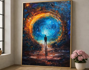 Cosmic Portal Canvas Wall Art, Abstract Universe Painting, Space Explorer Silhouette, Spiritual Galaxy Canvas, Modern Home Decor