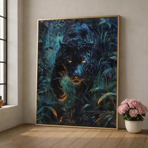 May include: A framed wall art print featuring a black panther prowling through dense, dark blue and green jungle foliage. The panther has piercing yellow eyes and orange glowing accents on its paws, set against a deep, moody forest background.