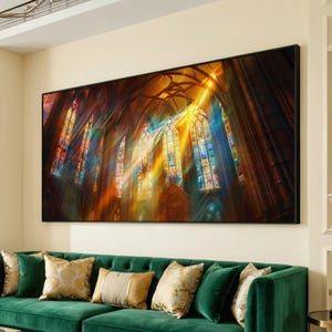 Puede incluir: Un cuadro rectangular que muestra el interior de una catedral con altos vitrales. Brillantes rayos de luz dorada atraviesan las ventanas, creando un vibrante efecto de arcoíris sobre la oscura arquitectura de piedra arqueada.