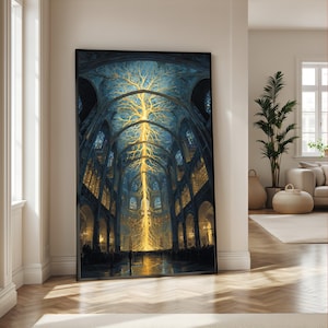 Beleuchteter Lichtbaum, Leinwandbild für gotische Kathedralendecke, Wandkunst mit mystischer Architektur, Leinwandbild für prachtvolle Inneneinrichtung, spirituelles Ambiente