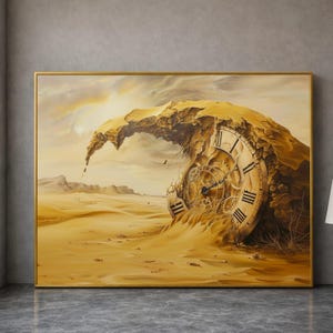 May include: A rectangular wall art print featuring a surreal desert landscape where a large, weathered clock face with Roman numerals and exposed mechanical gears is partially buried and integrated into a massive, cresting sand dune.