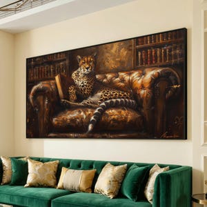 Guépard élégant sur un canapé en cuir vintage, oeuvre d'art murale en toile de bibliothèque, portrait d'animal, décoration de salle d'étude animalière