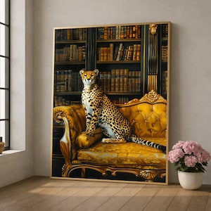 May include: A framed artwork depicts a cheetah seated on a gold, ornate sofa. The cheetah is facing forward, with a spotted coat. Behind the sofa is a dark bookcase filled with books. The artwork is in a room with a window and a potted plant.