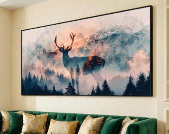 Majestic Deer Silhouette Canvas, Mountain Landscape Art, Forest Nature Wall Decor, Wildlife Double Exposure Canvas, Rustic Home Decoration