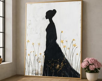 Elegant Silhouette Woman Canvas, Floral Accent Wall Art, Black Dress Figure Painting, Modern Home Decoration Canvas