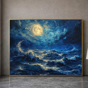 May include: A framed painting depicts a moonlit ocean scene. The artwork features a large, bright moon in a dark blue sky with swirling clouds. Waves with golden highlights crash in the foreground, creating a dramatic and serene seascape.