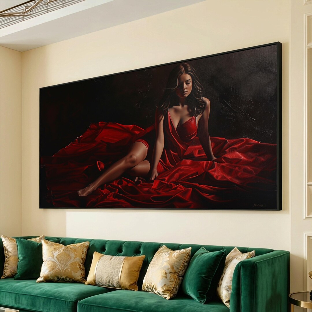 Elegant Woman Red Satin Dress Canvas, Sensual Female Portrait Wall Art ...