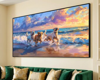 Joyful Dogs Running on Beach, Sunset Ocean Waves Canvas, Playful Pets Wall Art, Coastal Home Decor, Vibrant Nature Canvas