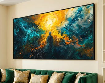Abstract Cosmic Figure Canvas Wall Art, Spiritual Energy Painting, Vibrant Blue and Orange Home Decor, Mystical Canvas Artwork, Ready to