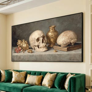 Vintage Skull and Golden Heart Still Life Canvas, Antique Vase and Map Globe Wall Art, Classic Study Table Decoration, Historical Canvas