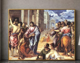 Christus geneest de blinden door El Greco 1578, religieuze canvas muurkunst, bijbelse scène uit de renaissance, spirituele woondecoratie