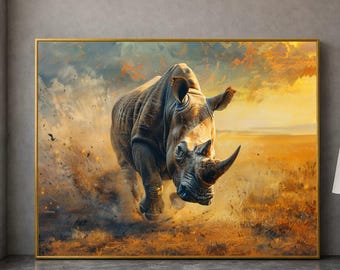 Charging Rhino Canvas Wall Art, Wildlife Animal Print, African Safari Decor, Nature Adventure Canvas, Bold Wall Decoration