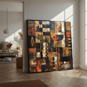 May include: A large square wall art piece featuring a grid of textured panels in shades of black, gold, copper, and deep red. The composition includes various geometric patterns, swirls, and linear motifs across the metallic and matte surfaces.