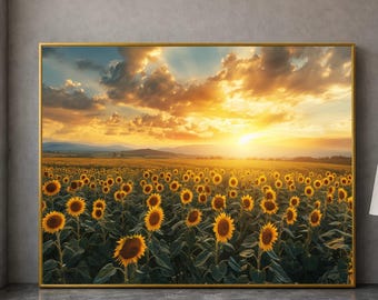 Golden Sunflower Field Canvas, Sunset Landscape Wall Art, Nature Floral Canvas, Warm Glow Home Decoration, Scenic Outdoor Print
