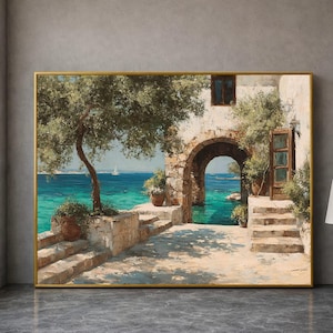 地中海沿岸のアーチのキャンバス、海岸風景の壁画、素朴なヴィラの装飾、オーシャンビューのキャンバス、夏の家の装飾