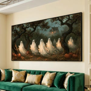 May include: A rectangular wall art print featuring a dark, misty forest scene with multiple white, translucent ghost figures carrying small glowing lanterns. Orange pumpkins are scattered on the ground among bare trees and a distant house.