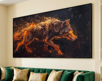 Fiery Wolf Running Canvas Wall Art, Abstract Animal Painting, Dynamic Wildlife Decor, Modern Fire Effect Canvas, Home Wall Decoration
