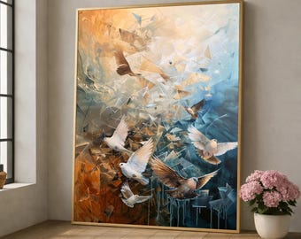 Soaring Doves with Shattered Glass Effect Canvas, Abstract Bird Wall Art, Dynamic Nature Scene Canvas, Modern Home Decoration