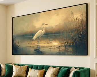 Elegant White Egret at Sunrise Canvas, Peaceful Wetlands Wall Art, Tranquil Bird Scene Canvas, Nature Reflection Decor, Ready to Hang