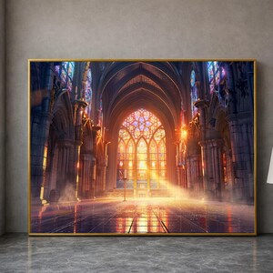 Puede incluir: Una impresión artística enmarcada que representa el interior de una catedral gótica con columnas y arcos de piedra. Un gran y complejo vitral al final de la nave brilla con una cálida luz dorada, proyectando rayos brillantes sobre el suelo.
