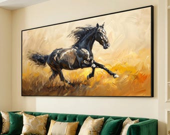 Majestic Black Horse Running Canvas, Equestrian Wall Art, Dynamic Animal Painting, Nature Canvas, Home Decor Art Print