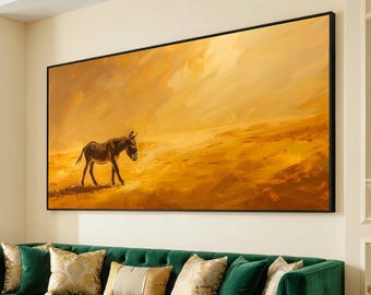 Lone Donkey Walking Canvas, Desert Landscape Wall Art, Warm Earth Tone Canvas, Animal Nature Painting, Rustic Home Decoration