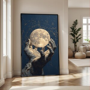 Mani cosmiche che stringono la luna su tela, arte celeste da parete, decorazione astronomica su tela, arte per la casa a tema spaziale, design moderno del cielo notturno