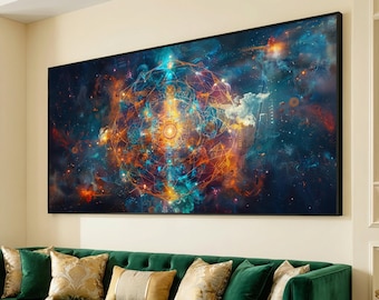 Cosmic Mandala Canvas, Abstract Galaxy Wall Art, Spiritual Geometry Design, Vibrant Space Decor, Mystical Energy Canvas